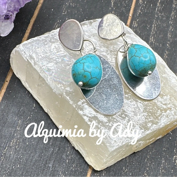 Big Turquoise and silver ethnic statement chunky drops dangle earrings - Picture 1 of 6